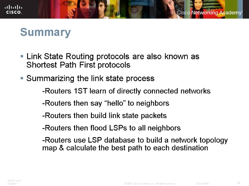 Summary Link State Routing protocols are also known as Shortest Path First protocols Summarizing